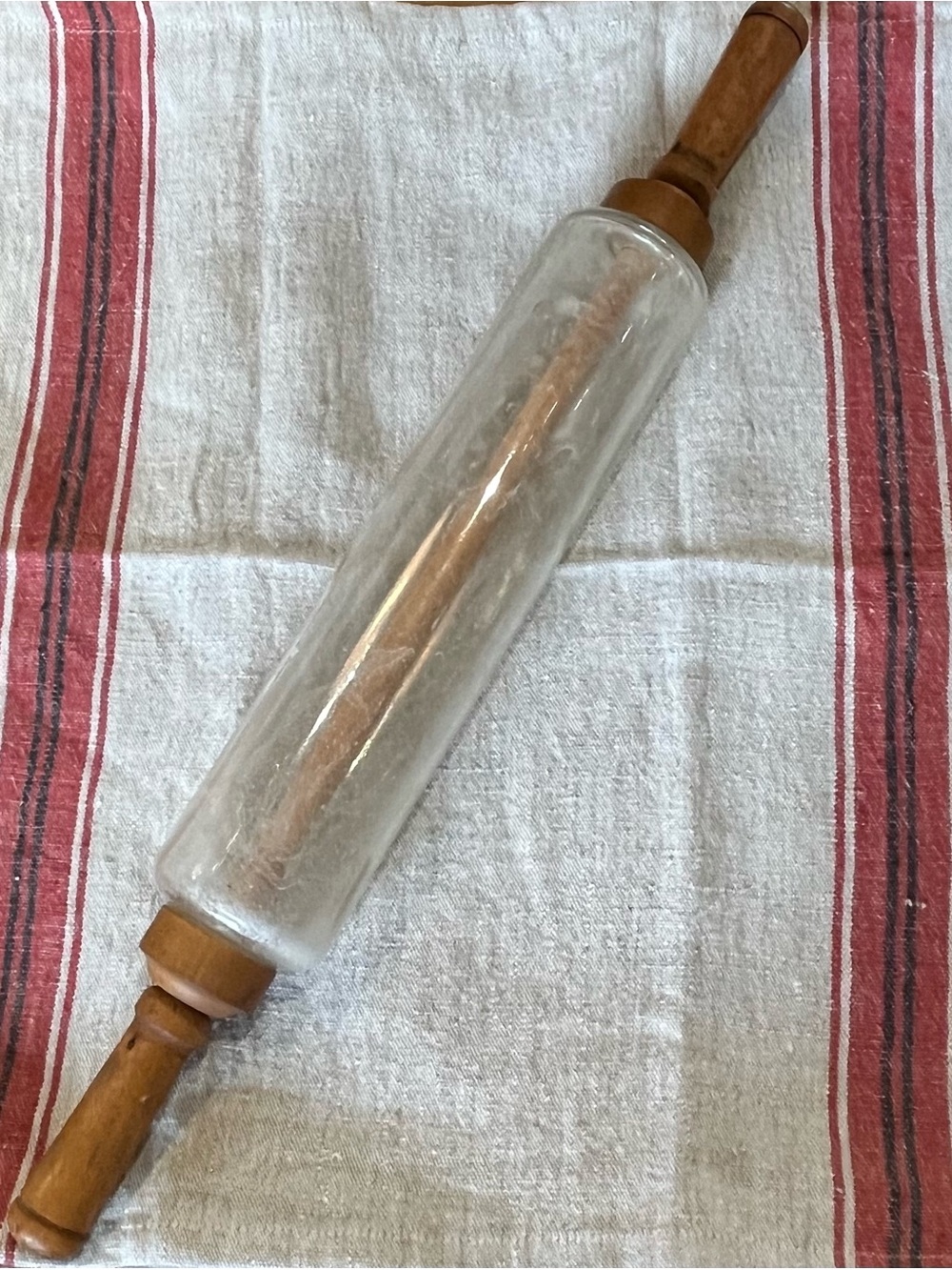VINTAGE ANTIQUE GLASS ROLLING PIN WITH WOOD HANDLES IMPERIAL